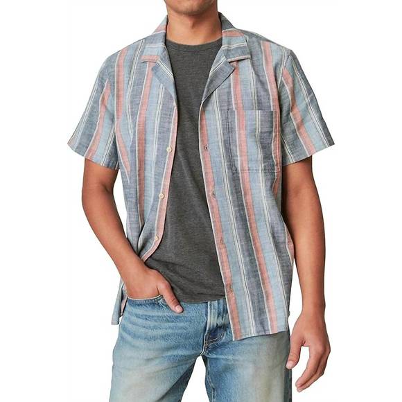 NEW LUCKY BRAND striped short sleeve camp collar in indigo stripe - Picture 1 of 4